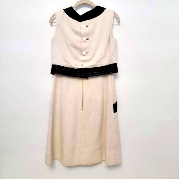 Pab Ltd RARE 60s Cream Black Faux Leather Accented Button Back Dress Size Small - Picture 4 of 12